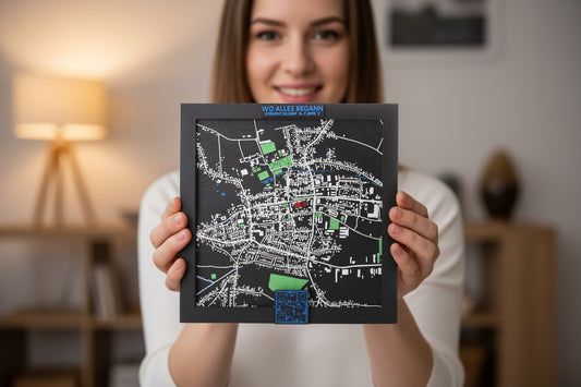 3D Stadtkarte mit personalisiertem Standort-Pin & QR-Code – „Wo alles begann“
